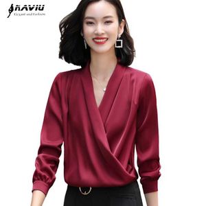 Wine Red Silk Shirt Women V Neck Design Chiffon Long Sleeve Fashion Satin Blouses Office Ladies Temperament Loose Work Tops 210604