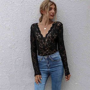 See through black lace blouse shirt Women fashion sexy tulle tops autumn winter Female backless 210427
