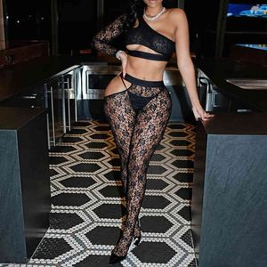 Patchwork Long Sleeve One -Shoulder Women Lace 2 Piece Set Crop Top High Waist Leggings Hollow Out See Through Sheer Club Party 210517