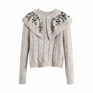 Women Retro Sweet Flower Embroidery Lapel Sweater Female Simplicity Long Sleeve Pullover Chic Top 210520