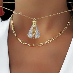 Fashion Full Micro White Cubic Zirconia Stone Necklaces For Women Gold Color& blue Cross Pendant Necklace Wholesale Jewelry 2020 X0707