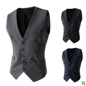 Striped Suit Vest Mens Casual Formal Dress Business Groomman för Bröllopsfest Arbetsväl Män Slim Male Waistcoat Gilet Homme 210524