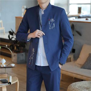 2 Pcs Set Suit Jacket Pants / 2021 Fashion New Men's Slim Casual Business Linen Stand Up Collar Blazers Coat Stretch Waist Pants X0909