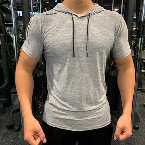 Graues GYM-Sport-T-Shirt zum Laufen mit Kapuze, Fitness, schlank, hohe Elastizität, atmungsaktiv, schnell trocknend, Bodybuilding, Herren-T-Shirt, Herren-T-Shirt