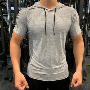 Gri Spor Spor Kapşonlu Koşu T Gömlek Spor Ince Yüksek Esneklik Nefes Hızlı Kuru Vücut Geliştirme Erkek Tshirt Erkekler Tee Tops