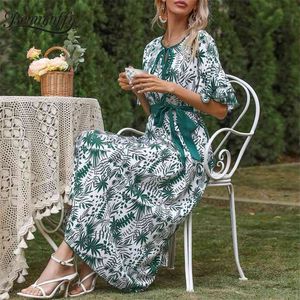 Tie Neck Layered Flare Sleeve Print Women Summer Long Dresses Holiday Casual Female Swing Dress with Belt 210510