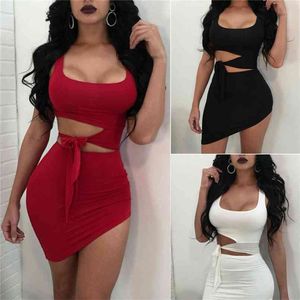 Women Dress Sexy Hollow Out High Waist Package Hip Evening Party Lace-up Cut Off Exposed Navel Slim Summer Clothing 210522