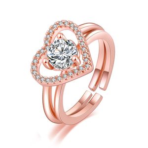 Roségoldener 2-in-1-Ring mit kubischem Zirkonia, Kombination aus Spleißen, offen, verstellbar, hohle Herzringe, stapelbar, für Damen und Mädchen, Verlobung, Hochzeit, Modeschmuck