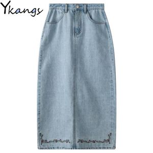 Vintage Bordar Long Denim Saia Mulheres Coreano Moda Roupas Loose Maxi Saias Casuais Cintura Alta Calças de Jeans Saia Streetwear 210421
