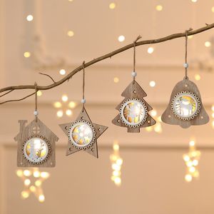 Ornamenti per alberi di Natale a LED Piccoli pendenti luminosi in legno Decorazione per feste di Natale Babbo Natale Pupazzo di neve Cervo XD24890