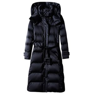 Women's Long Lace-up Hooded Down Jacket Zipper Puffer Black red dark blue plus size 4XL10XL Coat 211018
