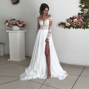 Chiffon Boho Wedding Dresses 2022 Full Lace Appliques Bridal Gowns Scoop Neck Floor-length Split Side Illusion Beach Plus Size Simple Bride Dress Vestido De Noiva