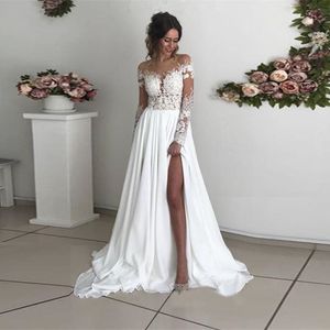 Chiffon Boho Bröllopsklänningar 2022 Full Lace Appliques Brudklänningar Scoop Neck Golvlängd Split Side Illusion Beach Plus Size Simple Bride Dress Vestido de Noiva