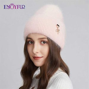 ENJOYFUR Women Winter Hats Soft Warm Angora Wool Knit Beanie Hat Fashion Female Wide Cuffed Skull Bonnet Cap 211119