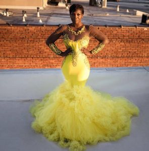 Najnowsze Syrenki Suknie Wieczorowe Żółty Sheer Długie Rękawy Aplikacja Sweep Pociąg Ruffles Tulle Bride Party Suknia Prom Dress Vestidos de Novia