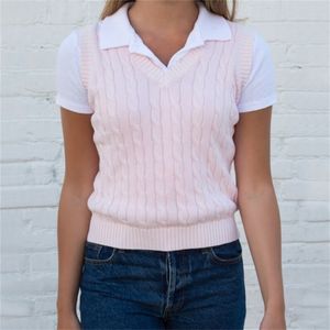 Women Sweater Cable Vest Classic Cable-Knit V-neck 210512