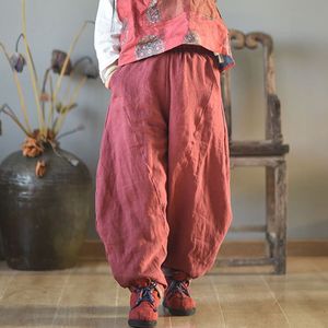 Johnature Autumn Winter Cotton Linen Retro Elastic Waist Harem Pants Loose Comfortable All-match Women Full Length Pant 210521