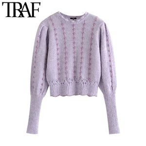 TRAF женская мода с металлической нитью обрезанный вязаный свитер свитер винтаж высокой шеи с длинным рукавом женские пуловеры шикарные топ 210415