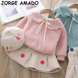 Girl Winter Clothes Thick Girls Outfits Peter Pan Collar Hoodie+dot Pleated Skirt+hat 3pcs E94051 210610