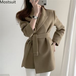 冬の韓国のウールのスーツのジャケットの女性ベルト長袖ターンダウンカラーアウトウオフィスファッショントップスオーバーコート210518