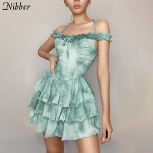 Nibber Fashion Elegant Bow Pure Color Off Shoulder Ruffle Mini Dress Summer Party Birthday Festival French Romantic Dress Women Y0726