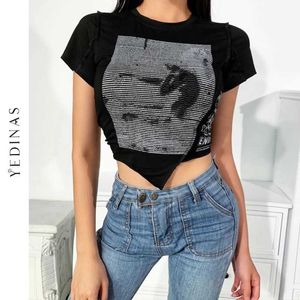 Yedinas Sommar T-shirt Kvinnor Casual Letter Print T-shirts Slim Short Sleeve Crop Top T-shirt Sexig Streetwear Oregular Chic Tee 210527
