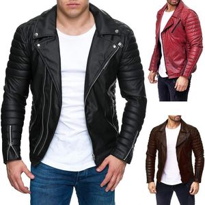 Mens Designer PU Leather Jacket Motorbiker Turndown Collar Zippers Slim Fit Coats Jackets 2021