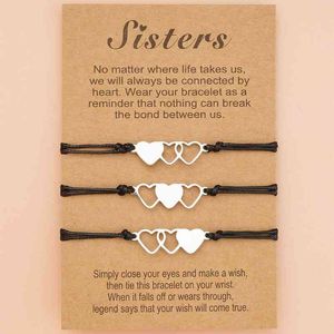 3 Pcs Matching Heart Sister Card Bracelet Stainless Steel Handmade Braided Charm Friendship Jewelry Gifts for Girls Wo