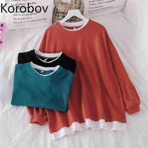 Korobov Preppy Style Hit Color Patchwork Sweatshirts Höst O Neck Långärmad Hoodies Koreanska Outwear Toppar 210430