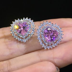 Sweet Cute Stud Earrings Luxury Jewelry 925 Sterling Silver Heart Shapr Pink Sapphire CZ Diamond Handmade Party Women Wedding Earring For Lover Gift