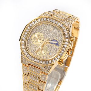 Hip Hop Luxo Data Quartz Wrist Watches à prova d'água AAA CZ Pedra Bling Gelado para fora de aço inoxidável relógio para homens charme jóias
