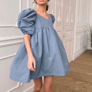 Kare Boyun Seksi Yaz Mini Elbise Kısa Kollu Kadın Yüksek Bel Siyah Gevşek Bir Çizgi Kadın Puff Mavi Pamuk Günlük Elbiseler