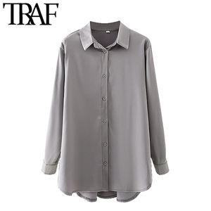 Traf kvinnor mode mjuk touch lösa blusar vintage långärmad knapp-up kvinnliga skjortor blusas chic topps 210415