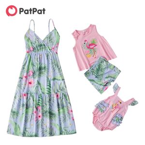 Summer Mosaic Mommy and Me Flamingo Plant Print Tank Dresses 210528