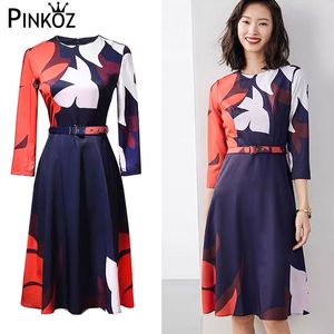 office lady black block colour printed O-neck A-line knee length dress for women robe plus size dresses with belt 210421