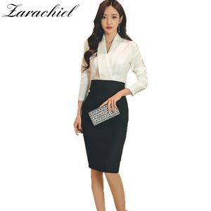 Autumn Women Formal Work Wear Dress Elegant Black White Patchwork Sexy V-Neck Slim Package Hip Bodycon Dresses 210416