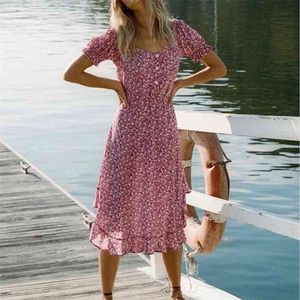 Vestidos Vintage ruffle Print Puff Sleeve Dress summer Beach sweet dresses Casual Square collar floral maxi long dress 210508