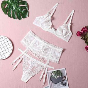 NXY sexy set Transparent Underwear Set Women Sexy Lace Embroidery Push Up Bra See Through Lingerie Wedding White Bra+Garters+Thong 3pcs 1127