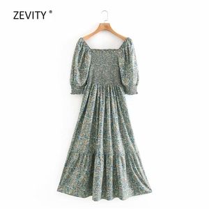 Kobiety Vintage Sqaure Collar Elastyczne Stretch Drukowanie Midi Sukienka Kobieta Retro Rękawic Puff Rękaw Pleat Vestido Chic Dresses DS3939 210420