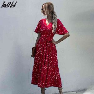 Elegante bolinhas impressão vestido mulheres casual lace up v pescoço festa vestido vestido wrap wear streetwear retro maxi vestido 210514