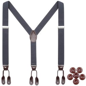 Leather Suspenders Braces for Men Wedding Party Tuxedo Button End Y Back 35cm Wide Adjustable Elastic Trouser Strap Belt-Gray