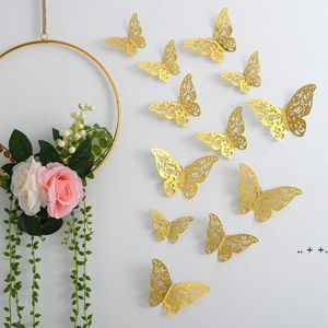 Vägg klistermärken decal 3d hollow-out butterfly 12pcs / pcs sticker kontor hem pojke flicka rum födelsedag bröllop parti dekoration rrb11637