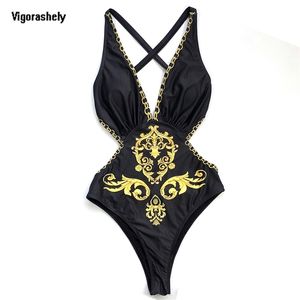 Vigoashely Sexy Preto Impressão Swimwear Mulheres Vintage Swimsuit Feminino Bandagem Monokini Deep V Banheira Terno Swim Wear 210630