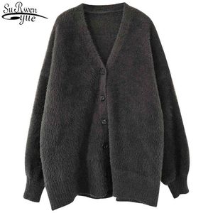 Fashion V-образным вырезом Faux Mink Flece вязаное пальто Женщины Свитера Зимний абрикос Slim Mid-Love Follow Swiet 11650 210427