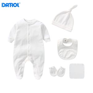 5 sztuk Zestaw 0-1 lat Baby Romper Urodzony Ubrania Dziecko Z Długim Rękawem Kapelusz Mały Ręcznik Born Bodysuitit 210816