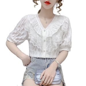Fashion women's shirt summer temperament all-match net yarn ruffled short-sleeved V-neck chiffon Ladies' top 210520
