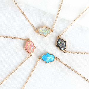 Fashion Blue White Pink Opal Hand Necklace Charm Pendant Necklaces Long Chain Women Jewelry Gifts