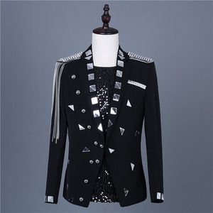 Black White Mirror Chain Tassel Jacket Slim Coat Stage Costumes Singer Jacket Blazer Outerwear Performance Tuxedo Male Host Fashion Nightclub Bar Clothes