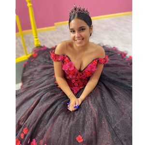 2021 Vintage preto e vermelho mexicano quinceanera vestidos feitos mão flores appliqued fora do ombro lace up organza festa formal vestes de noite de formatura