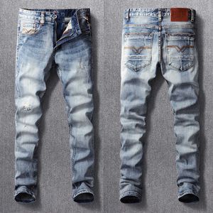 Włoski Styl Moda Mężczyźni Jeans Retro Niebieski Elastyczne Slim Fit Frayed Ripped Vintage Projektant Dorywczo Otoczenie Dżinsowe Spodnie